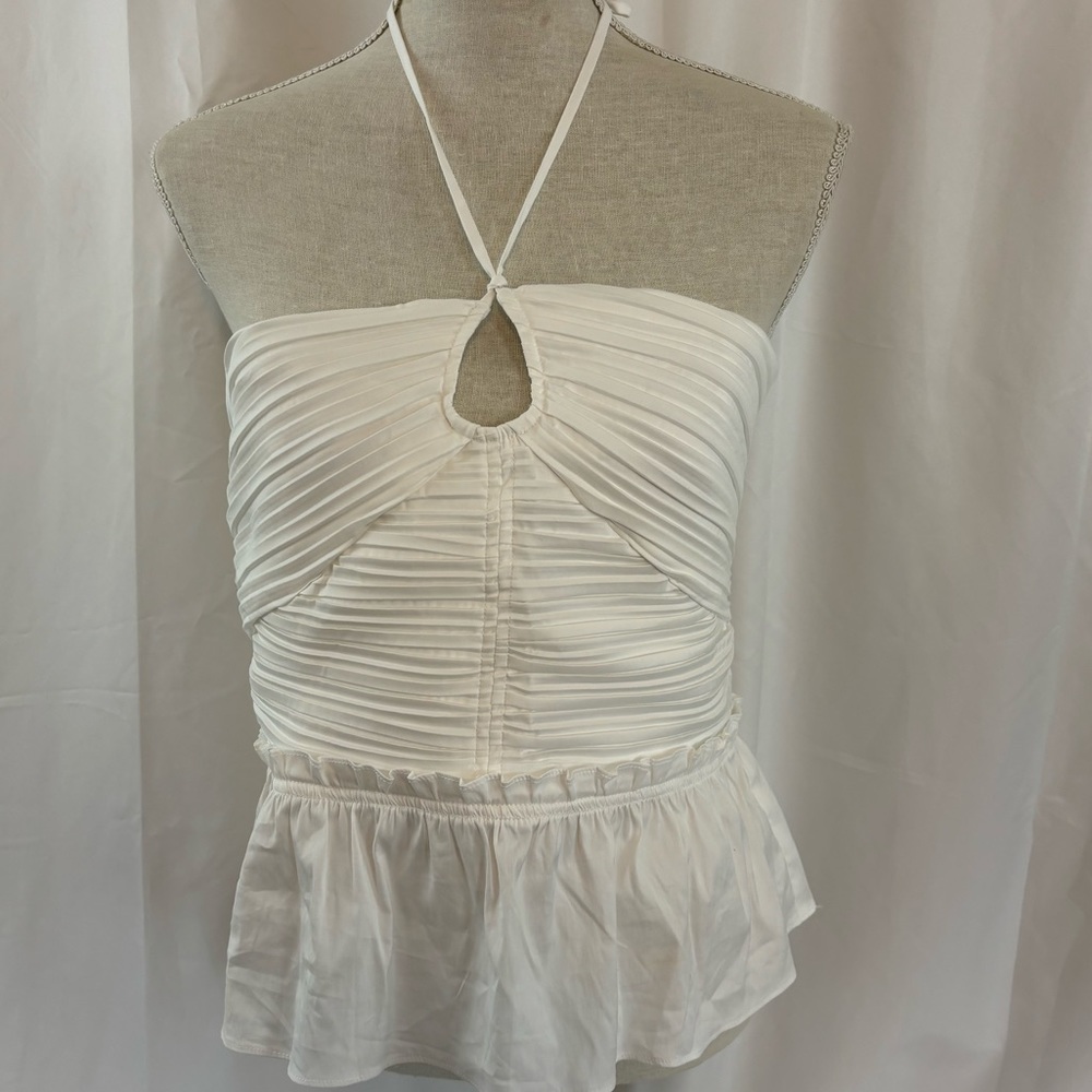 NWT White House Black Market sz14 white cotton blend ruffled halter bust…